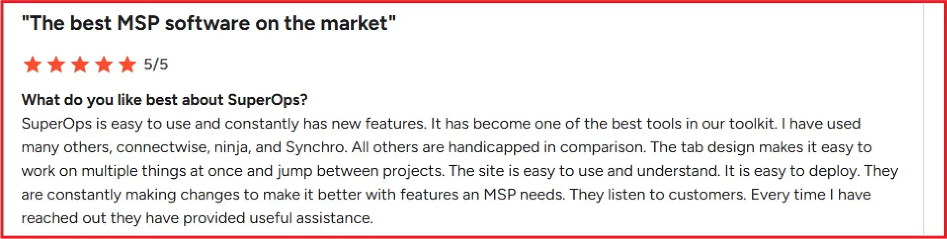 G2 customer reviews praising SuperOps as a top NinjaOne alternative for its unified UI and responsive support