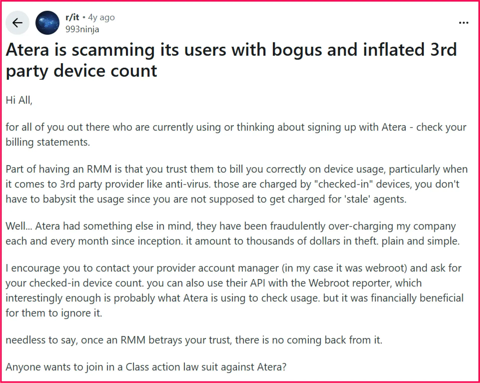 Reddit post highlighting Atera billing issues and inflated device counts as reasons to seek an Atera alternative