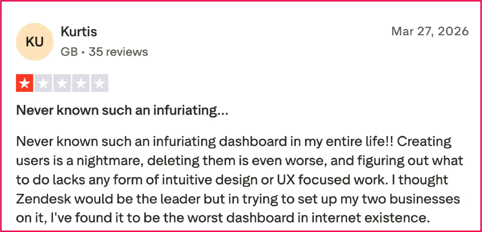 Trustpilot review of Zendesk’s features