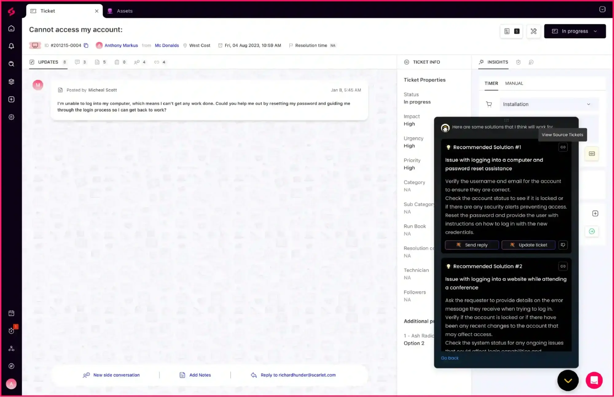 Monica AI for resolving issues faster with SuperOps IT ticketing tool