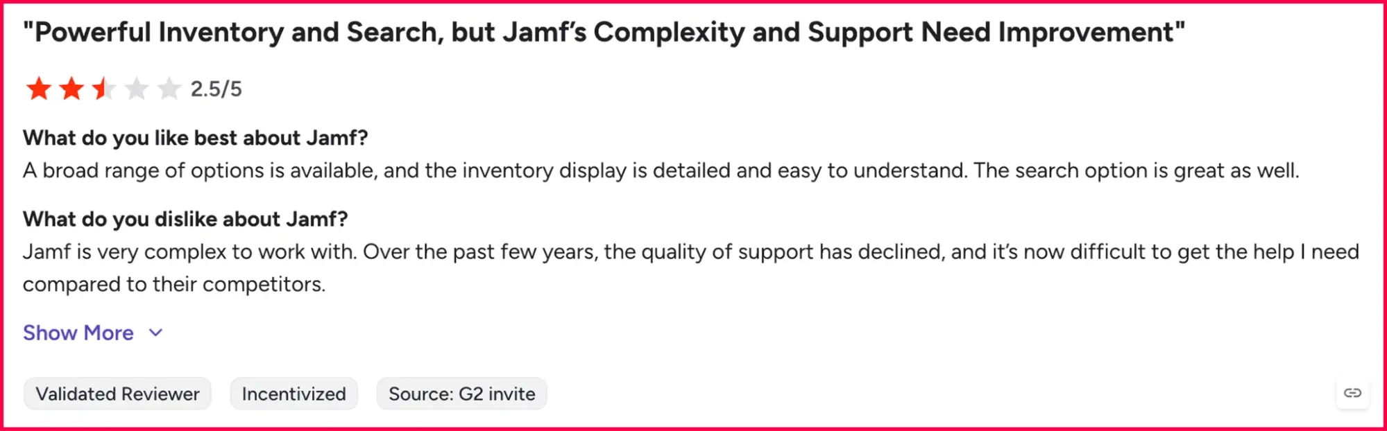 G2 review about Jamf Pro support