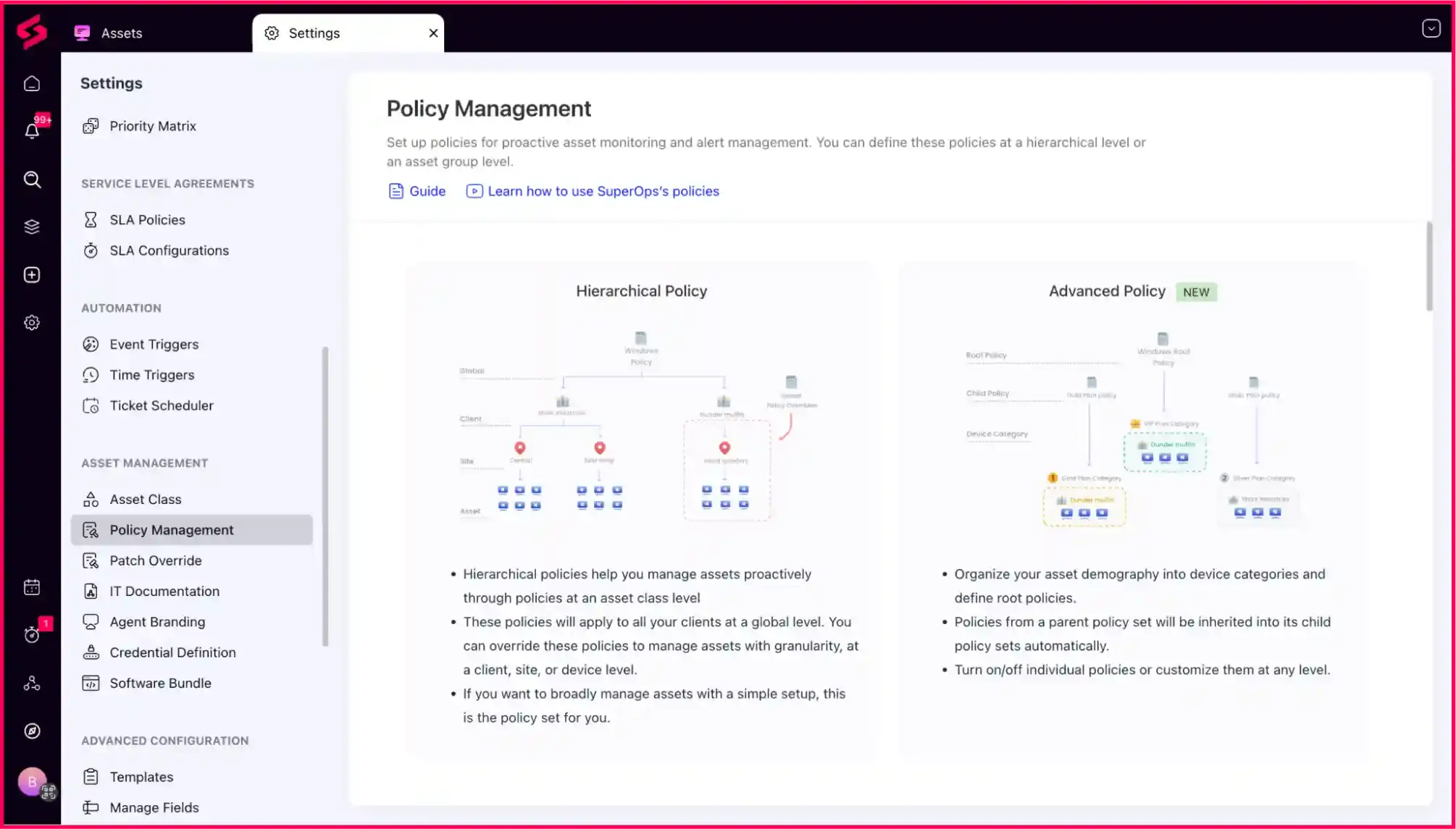 Policy management in SuperOps