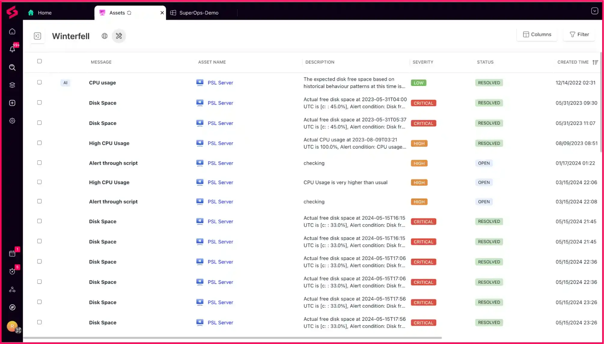 Alert notification and management on SuperOps