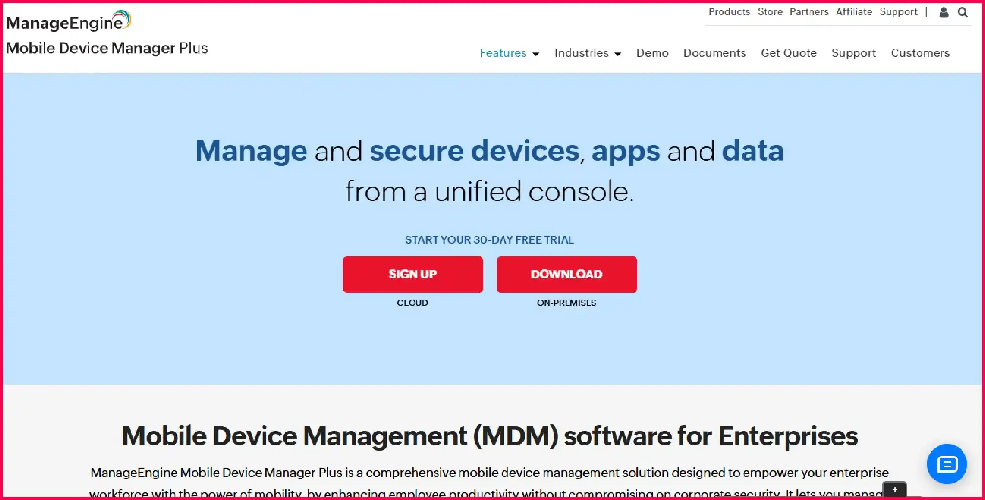 ManageEngine MDM webpage