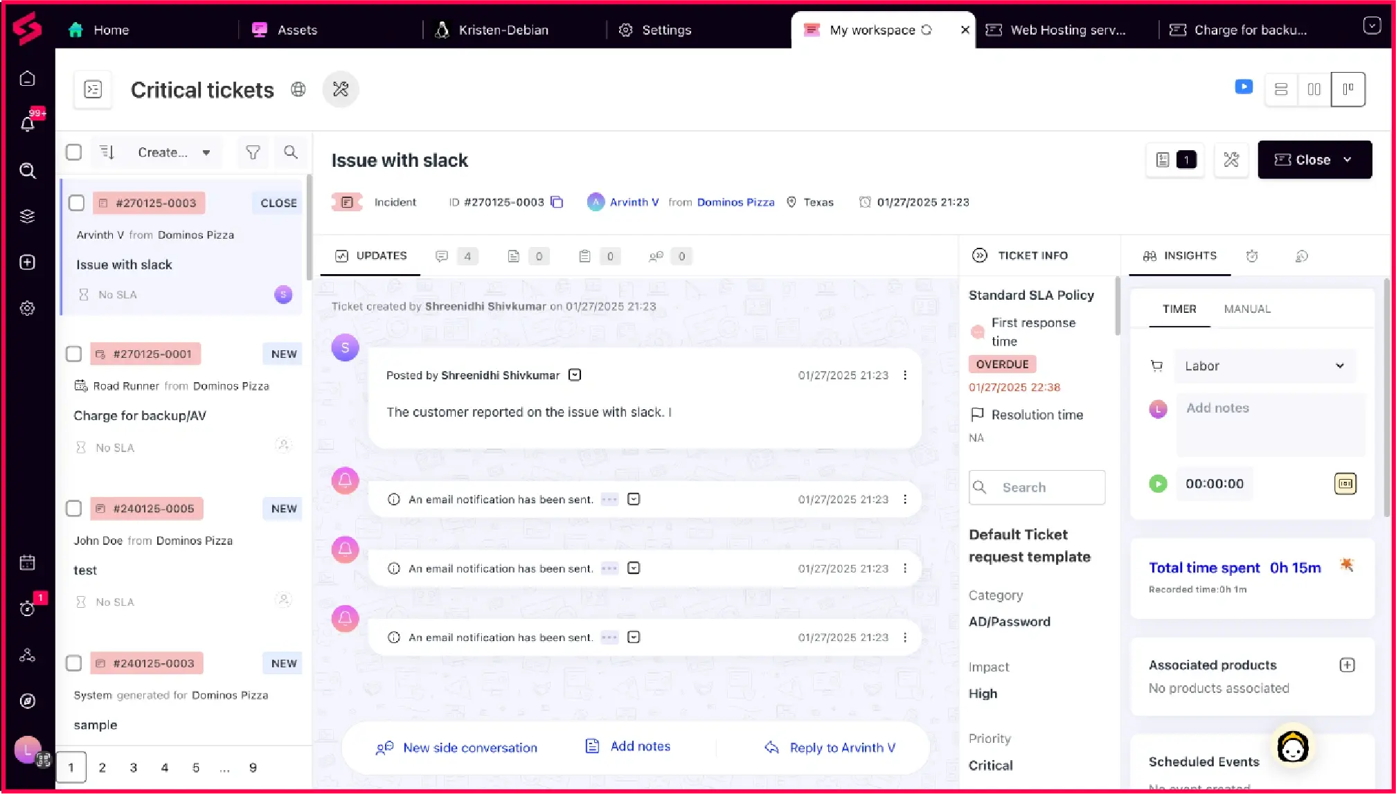 SuperOps service desk interface managing critical IT tickets