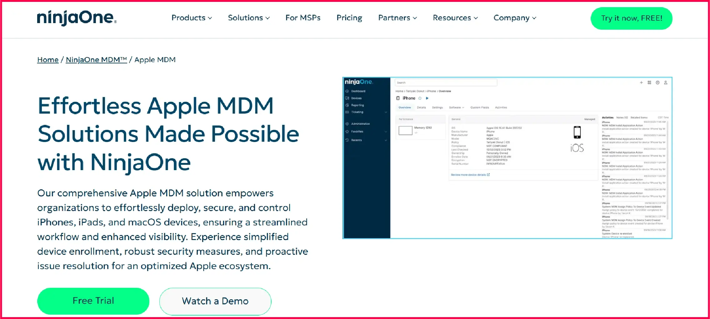 NinjaOne Apple MDM webpage