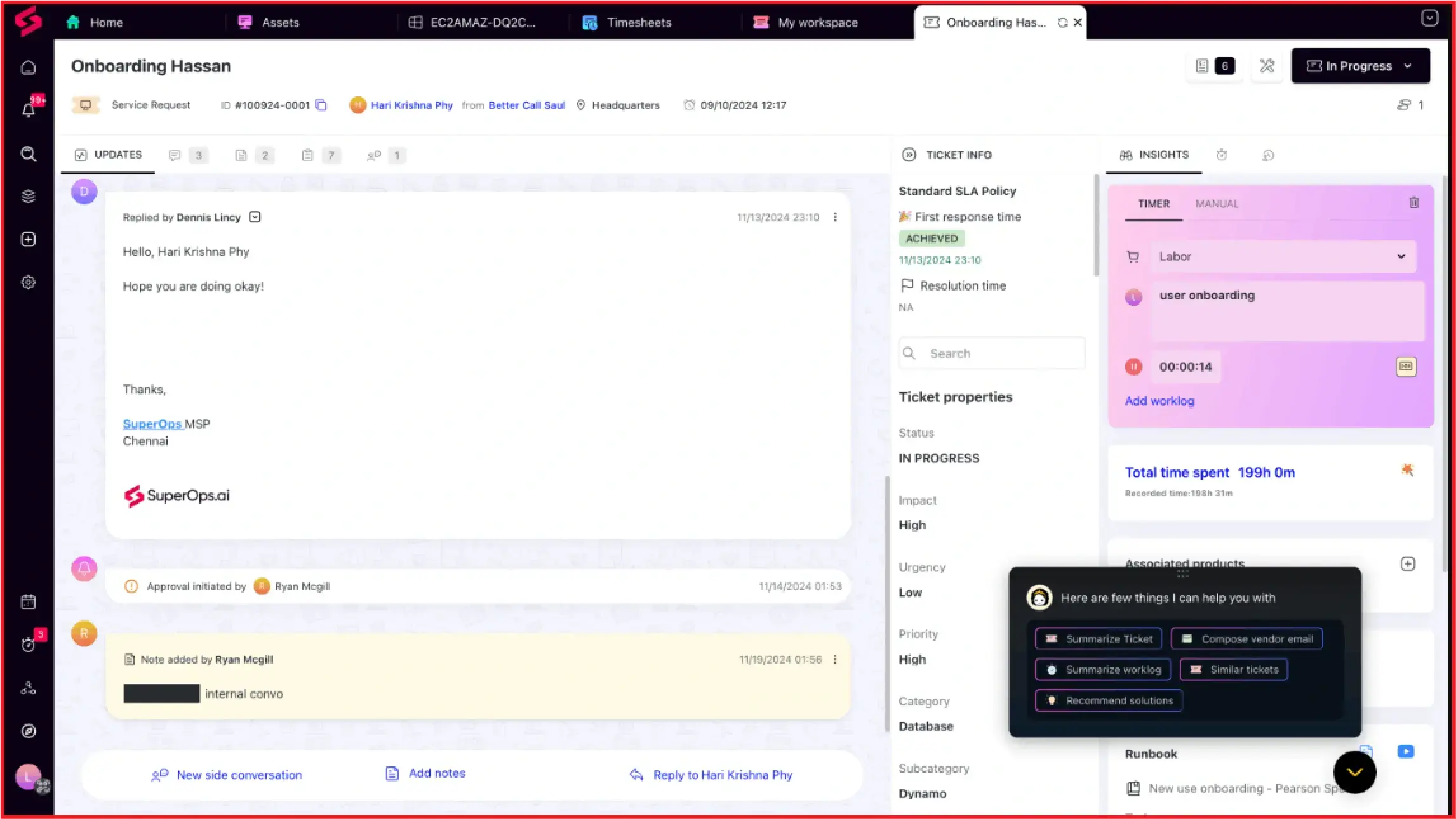SuperOps service desk interface managing user onboarding with AI-powered ticketing