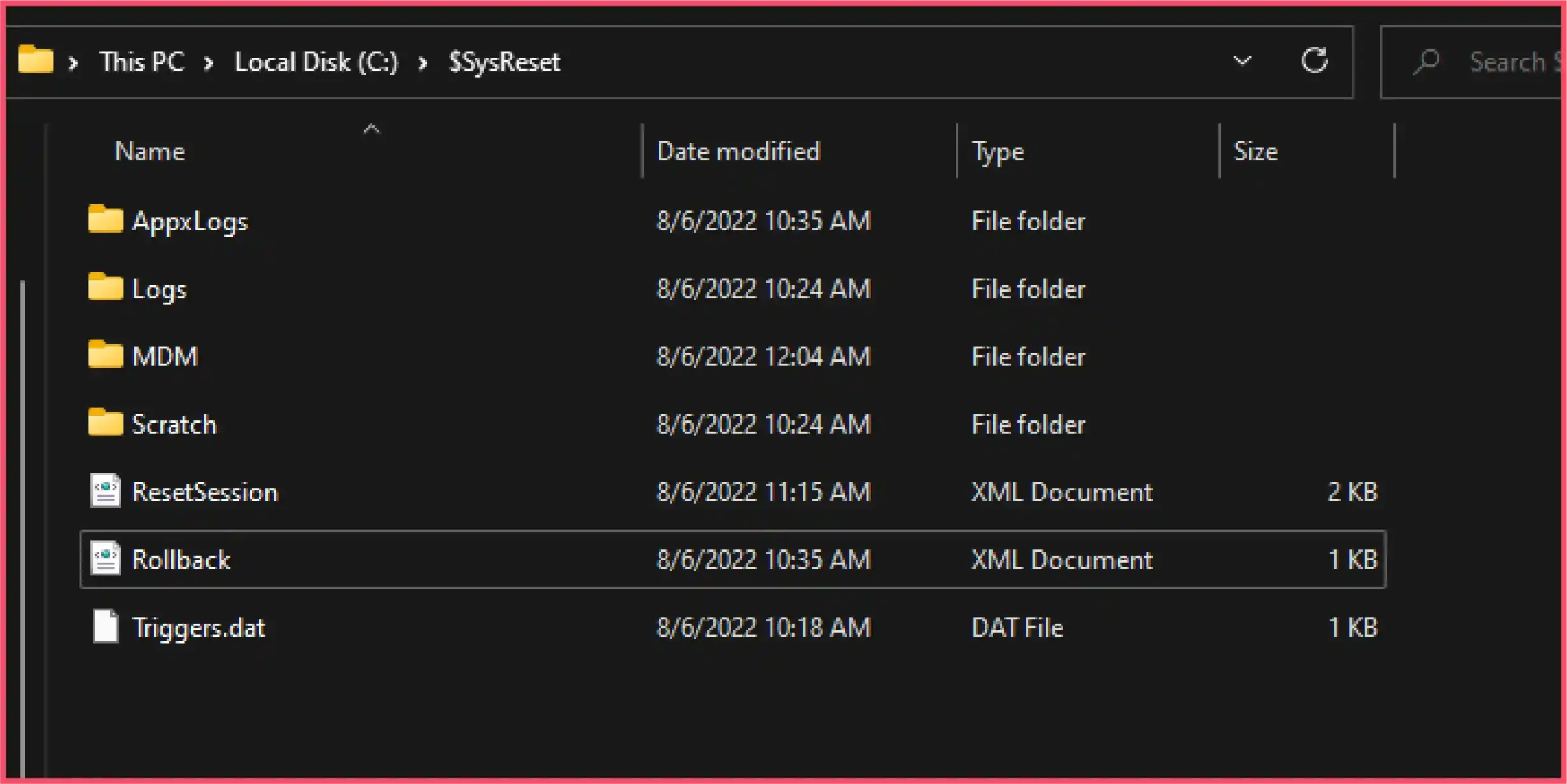 Steps to locate the SysReset folder