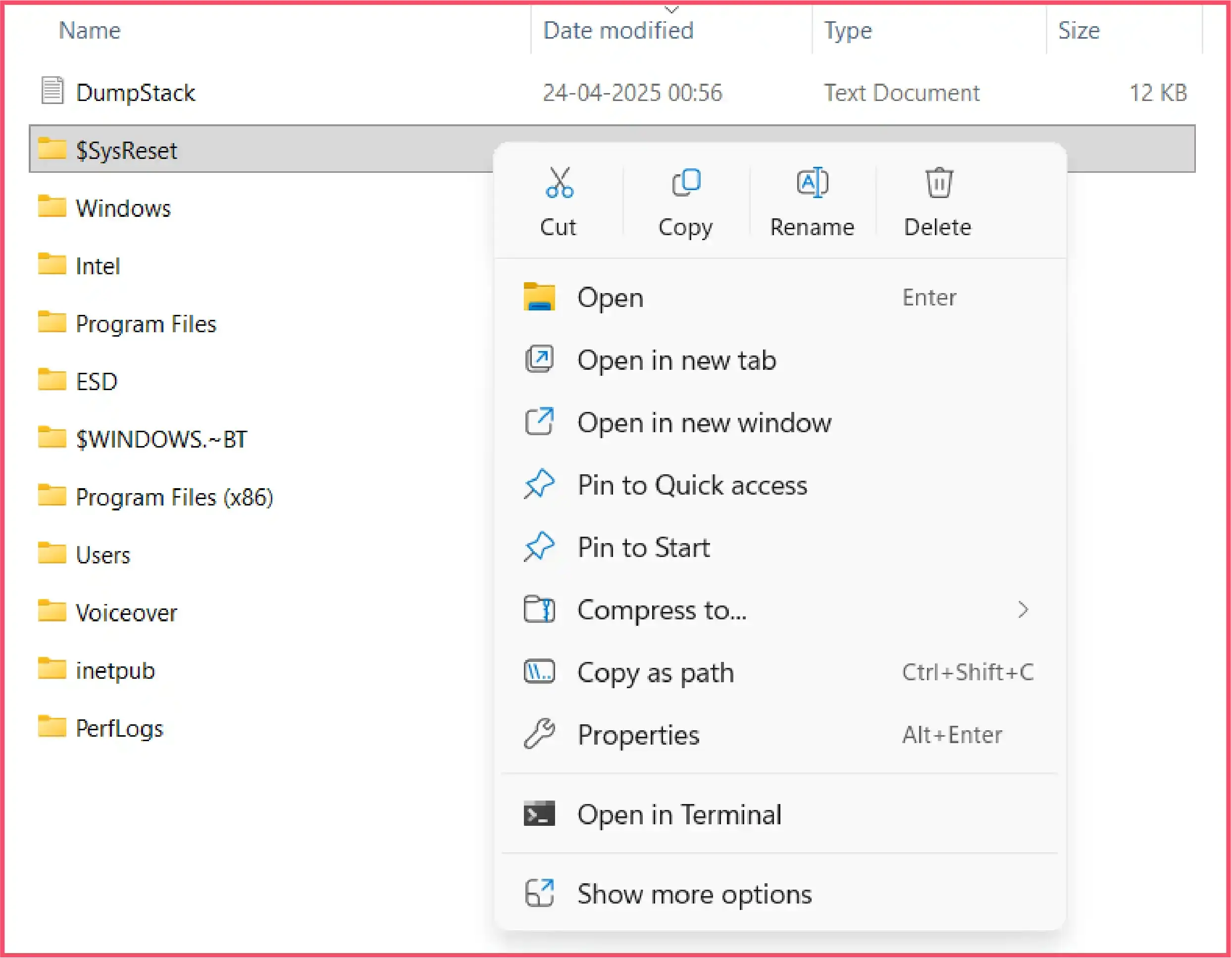 Step to delete SysReset folder using File Explorer