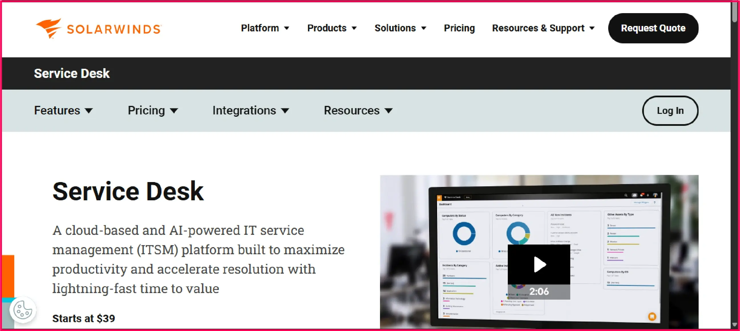 SolarWinds’ service desk page
