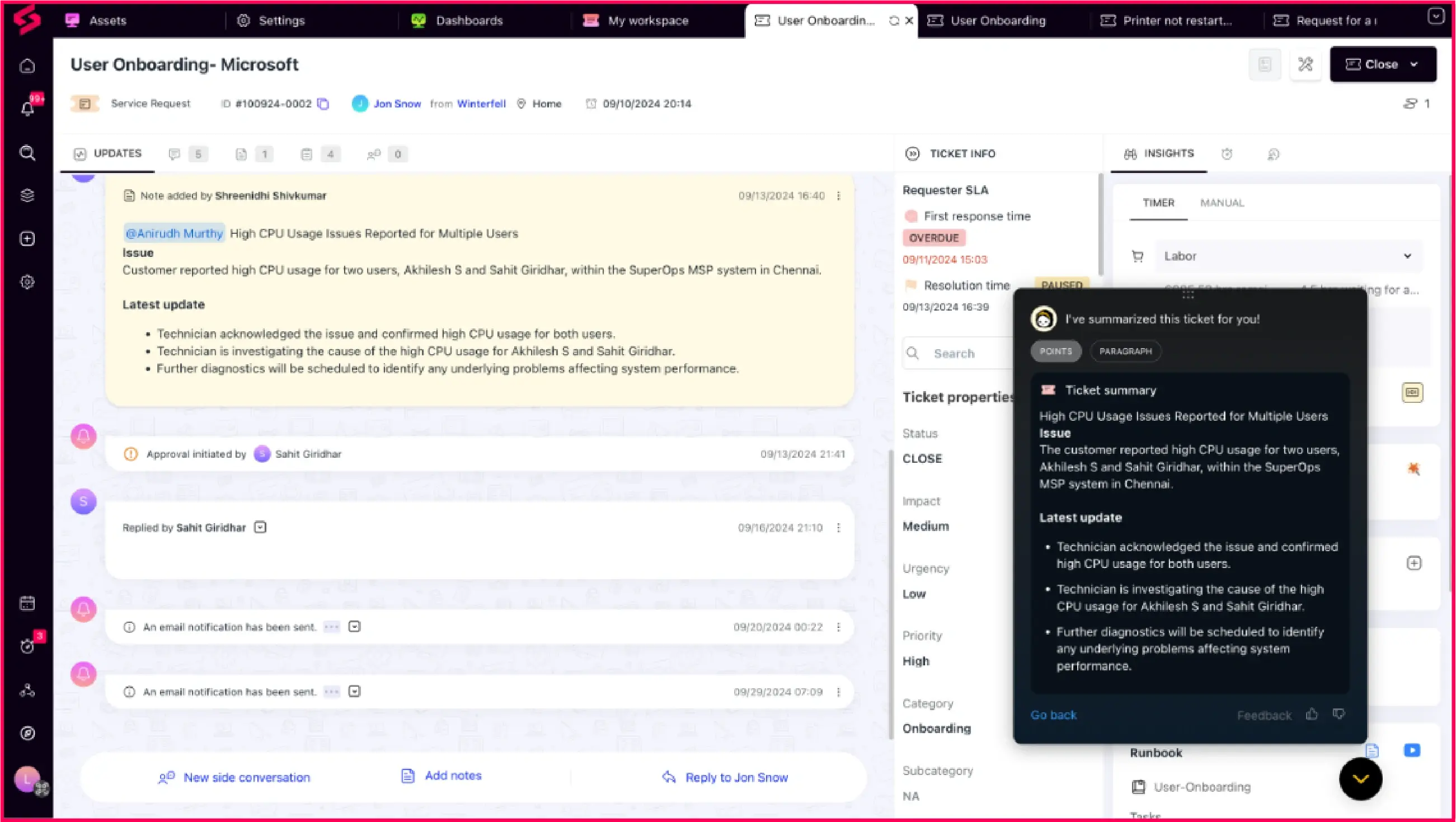 Example of ticket summaries by Monica in SuperOps
