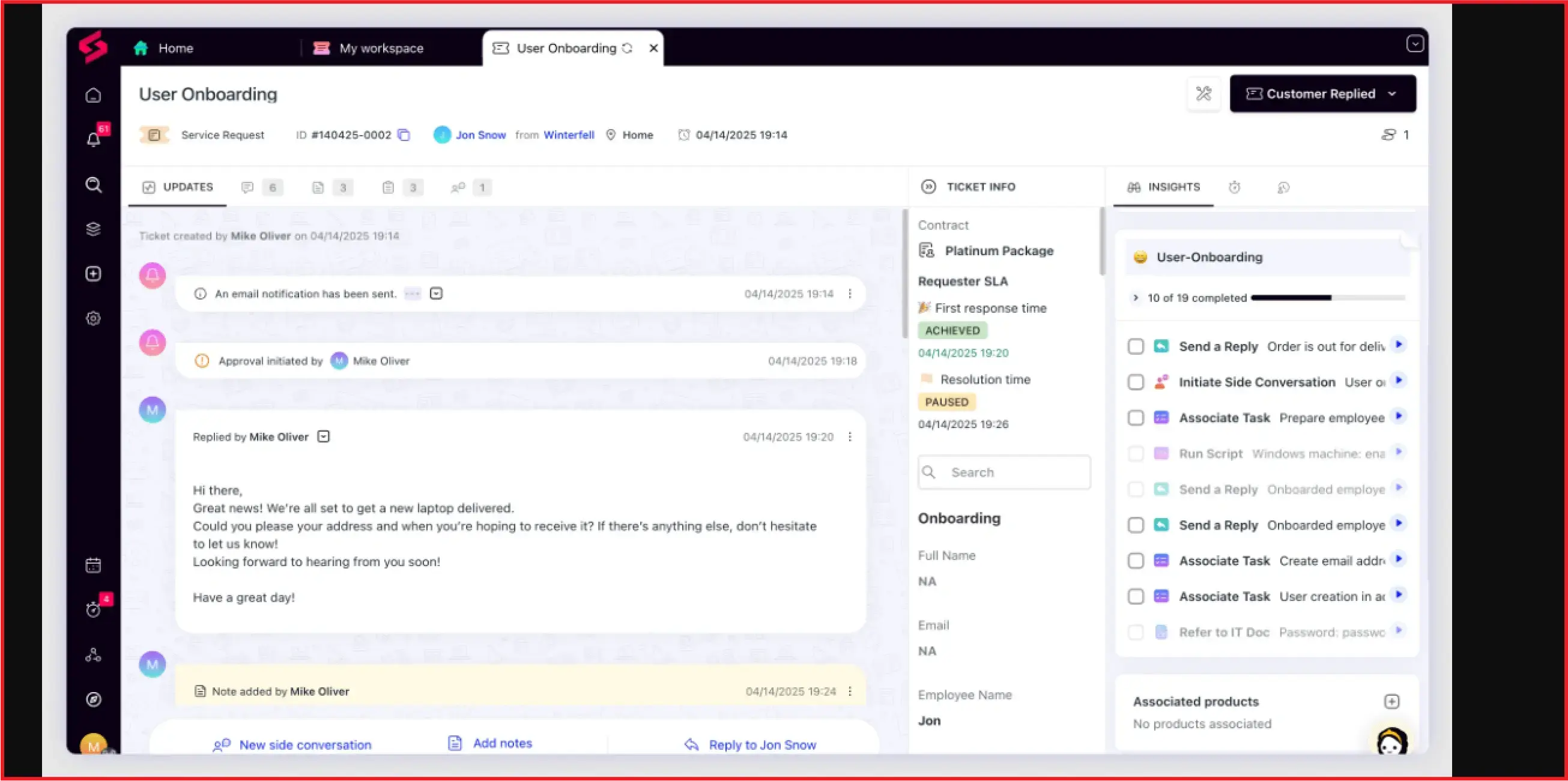 SuperOps user onboarding runbook showing ticket updates and task checklists