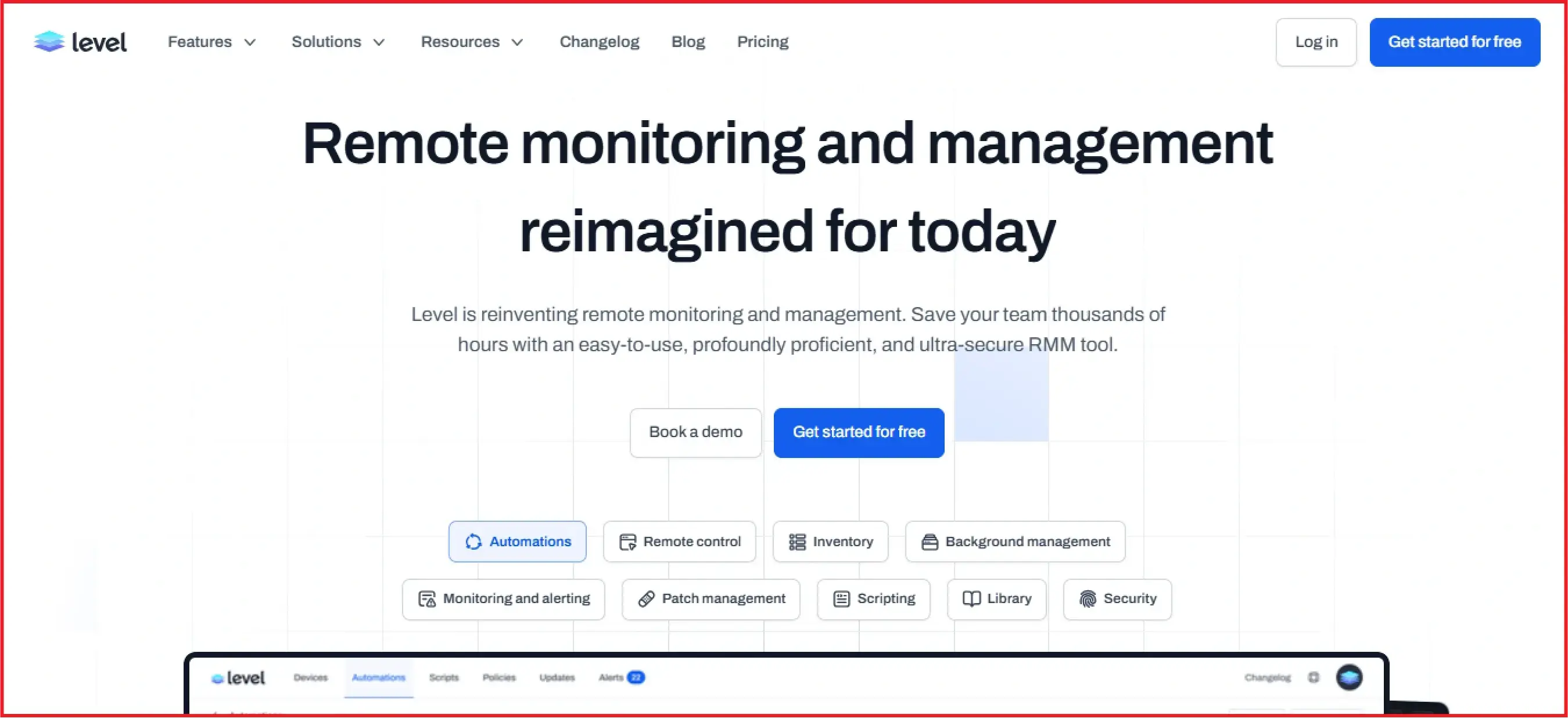 Level.io homepage featuring automation and patch management