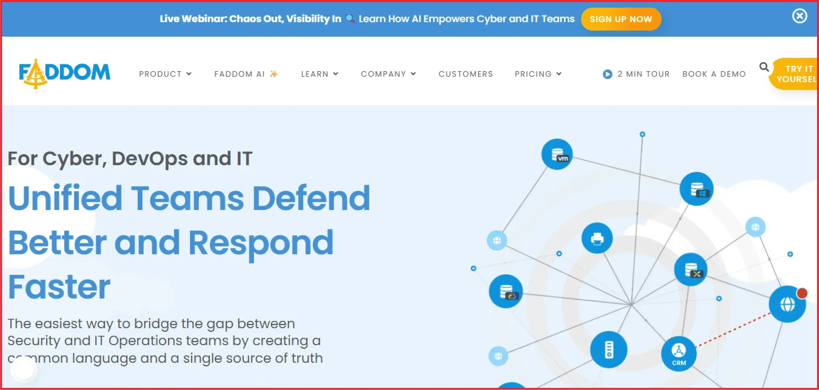 Faddom interface showing network dependency maps for cyber, DevOps, and IT operations teams