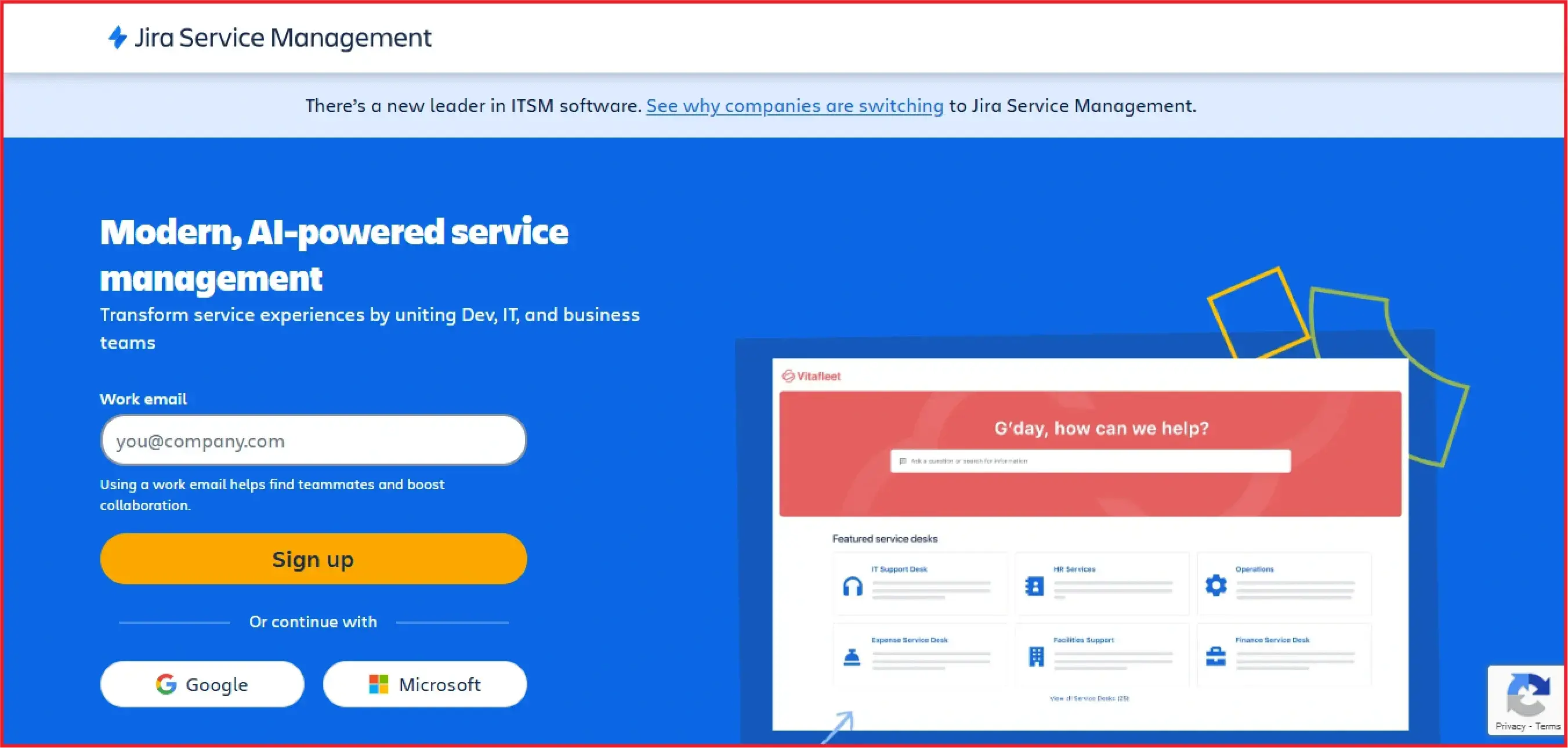 Jira Service Management homepage featuring AI-powered service management