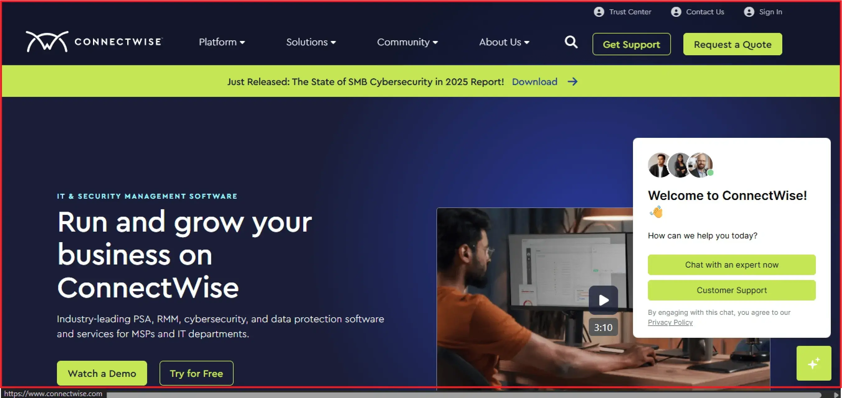 ConnectWise landing page showing PSA and RMM software for MSPs
