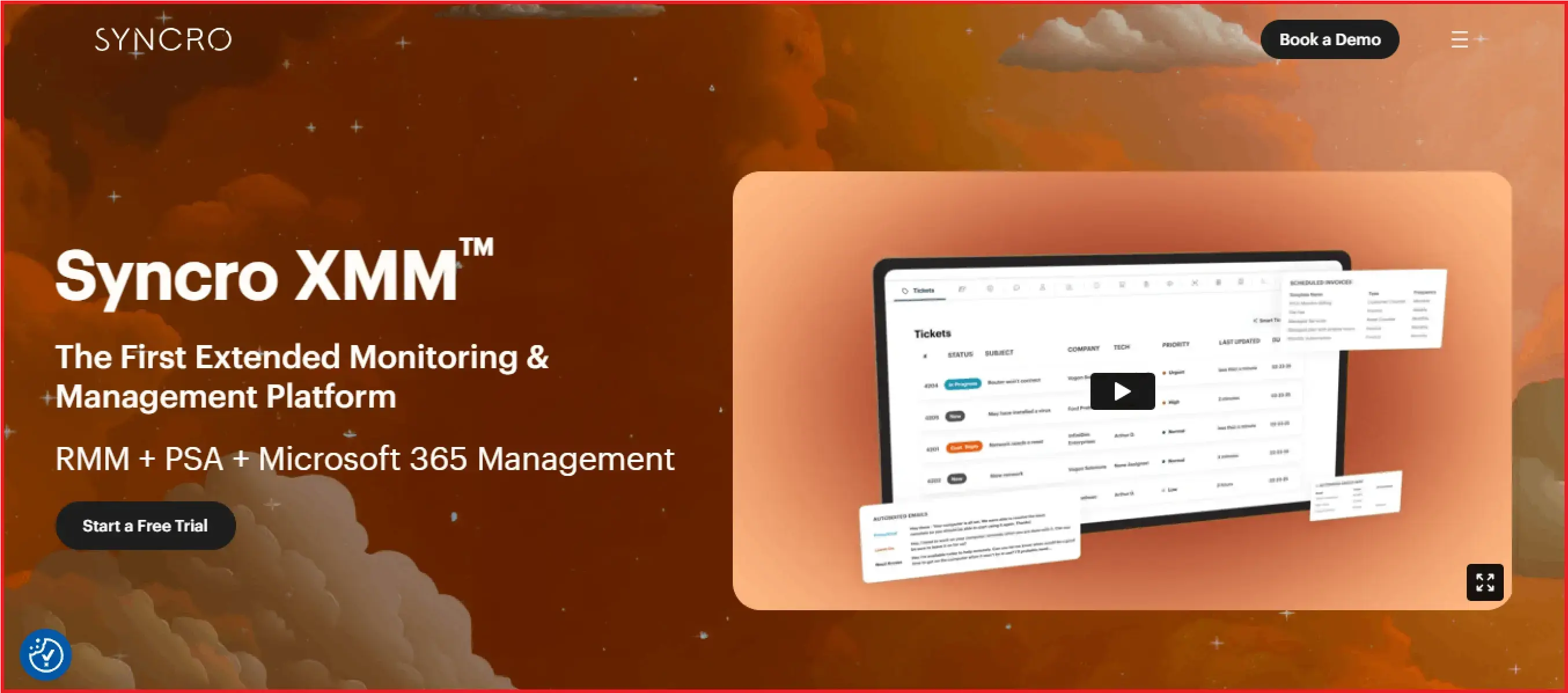 Syncro XMM interface featuring monitoring, management tools, and a ticketing system