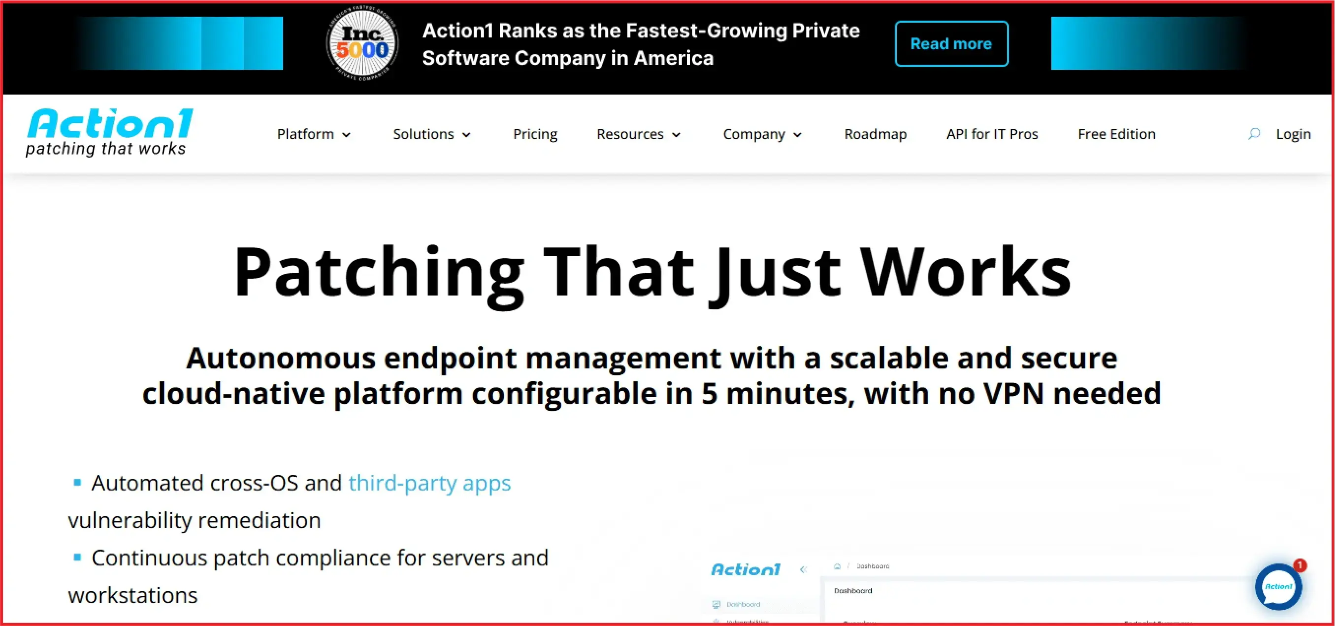 Action1 landing page highlighting automated patching