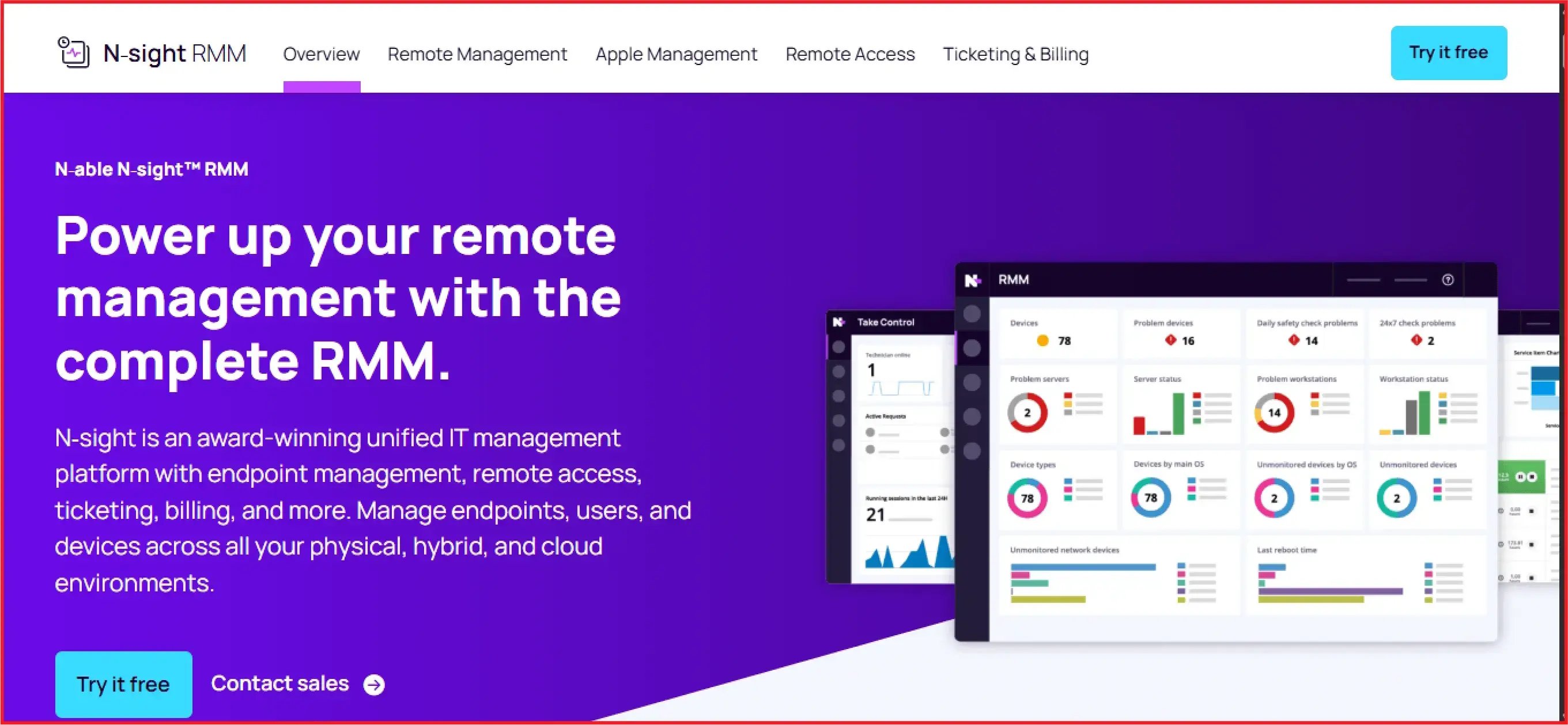 N-sight RMM interface featuring unified IT management, device monitoring, and ticketing tools