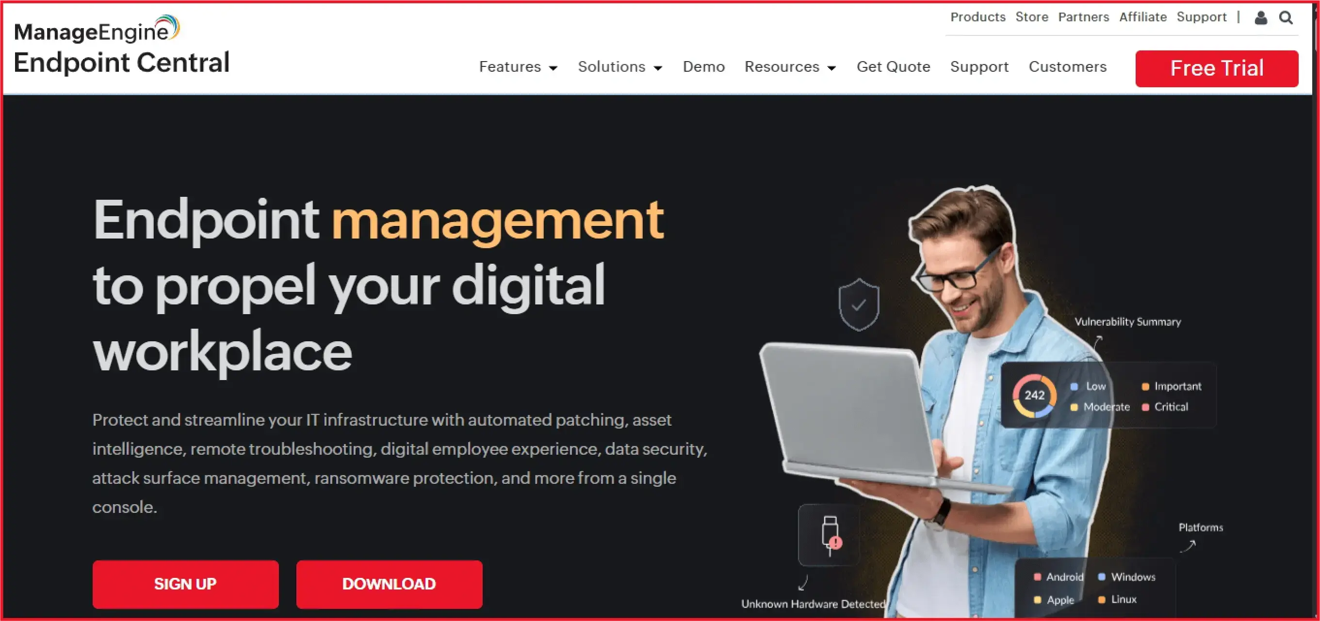 ManageEngine platform showing digital workplace management with remote troubleshooting