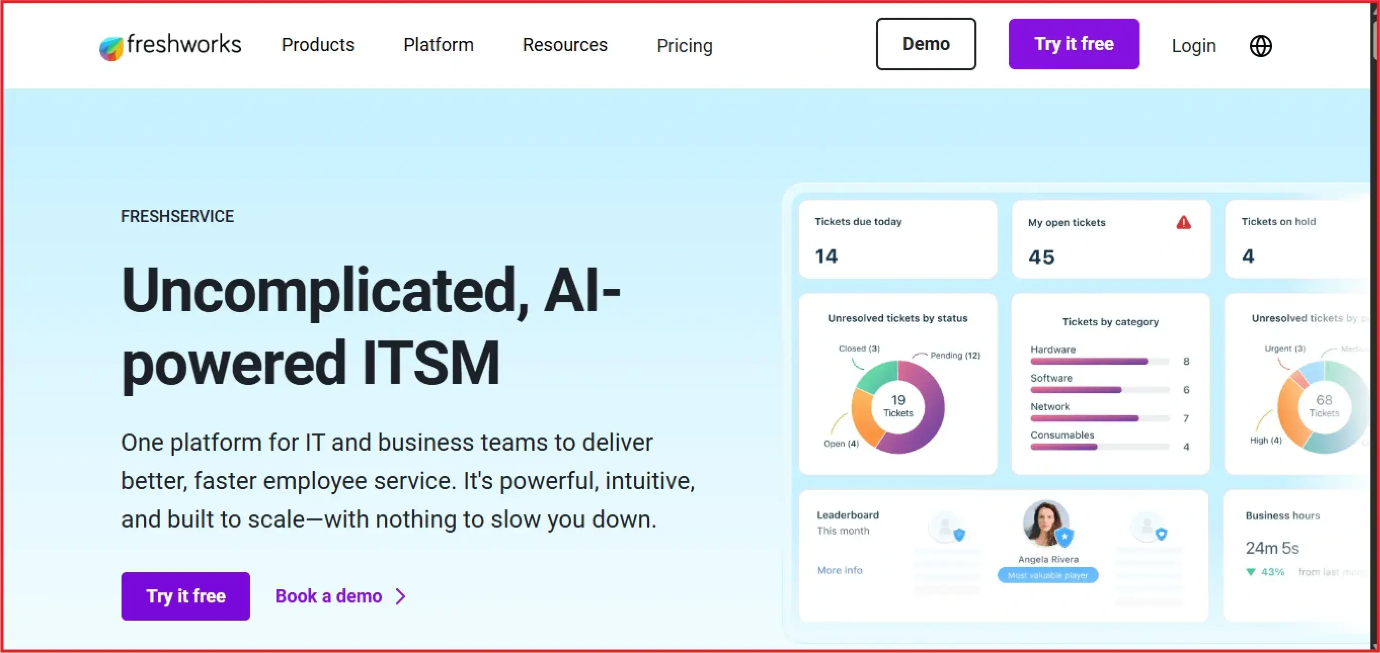 Freshservice homepage featuring AI-powered ITSM and a ticket management dashboard