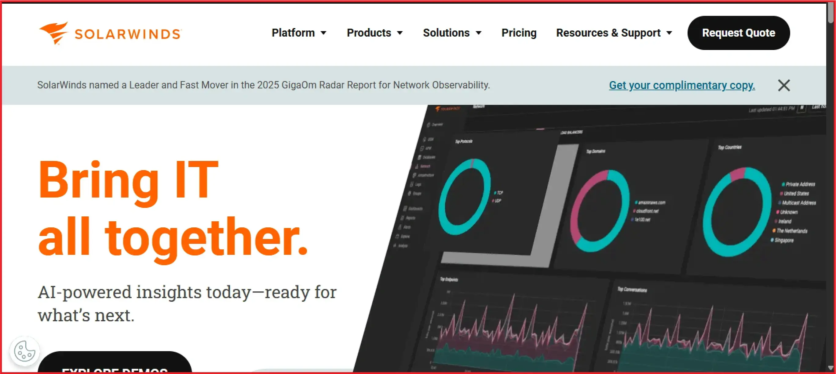 SolarWinds platform dashboard displaying network performance metrics, top protocols, and data charts