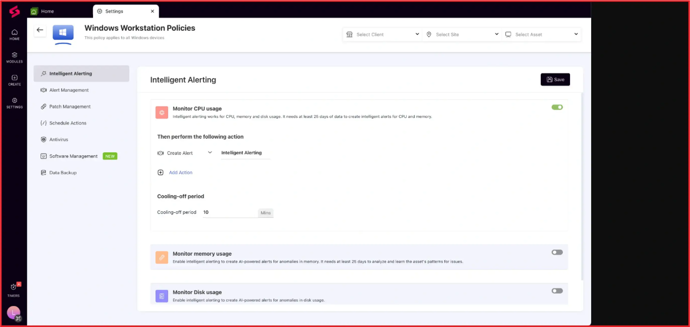SuperOps Windows workstation showing intelligent alerting for CPU and memory usage