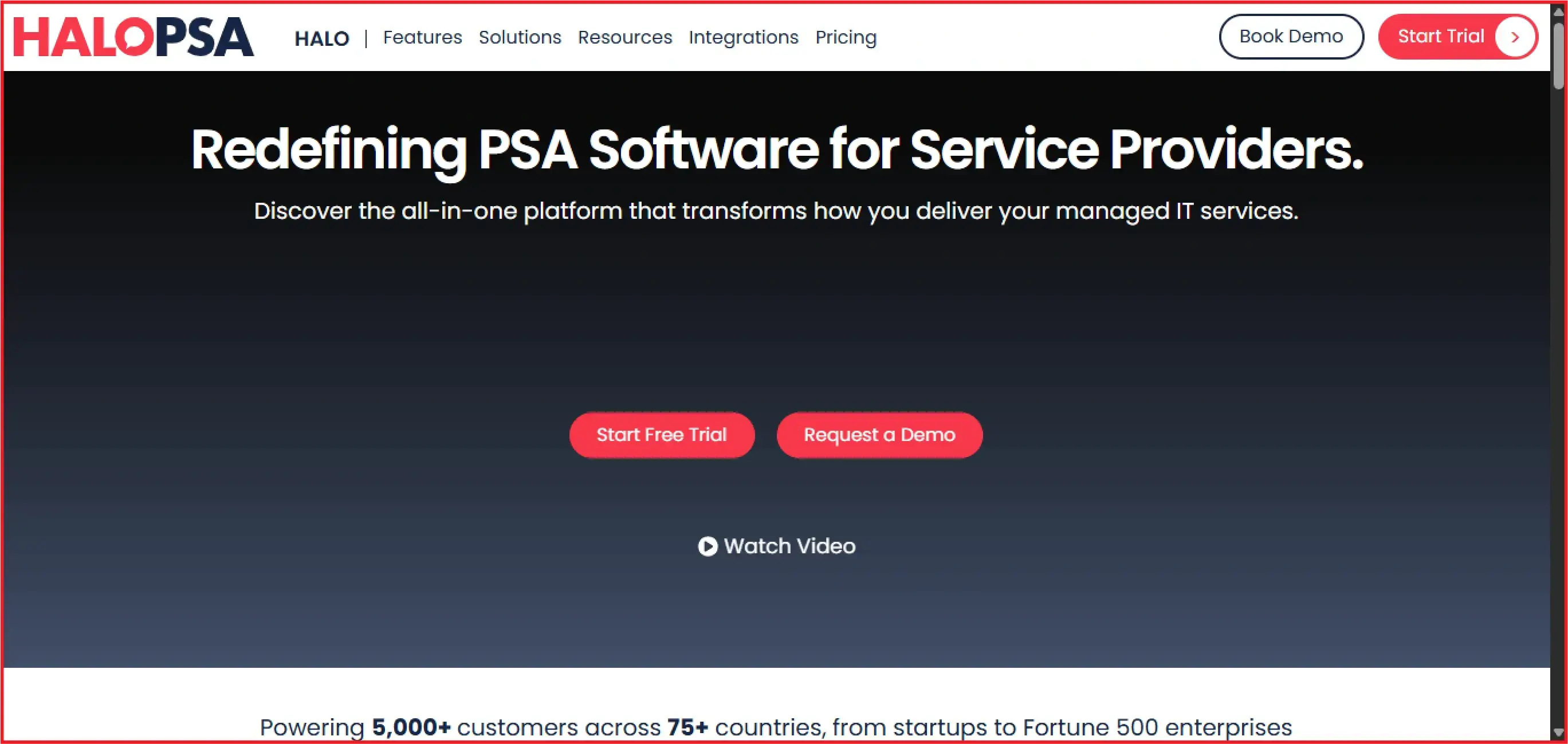 HaloPSA homepage showcasing PSA software for service providers