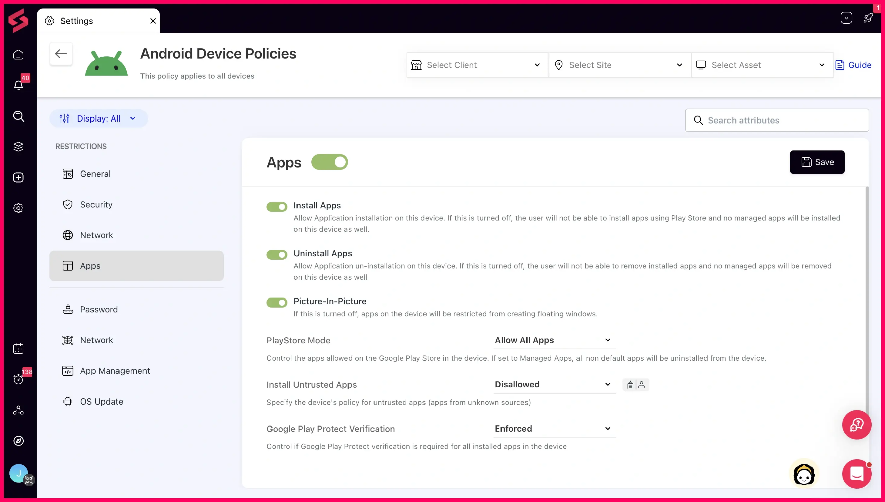 App management interface for Android devices