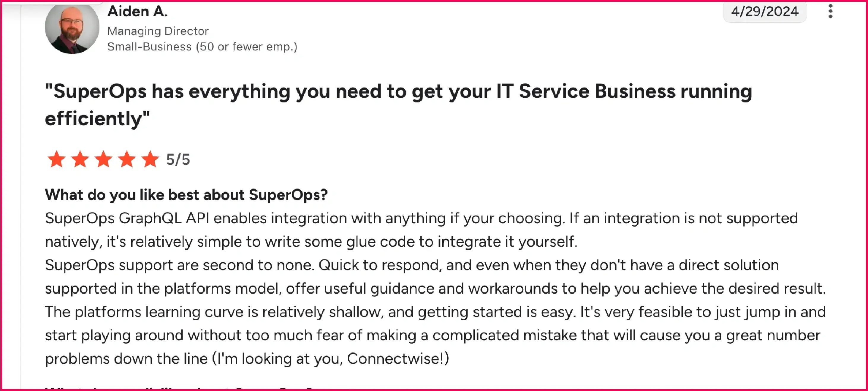 SuperOps review on the G2 platform