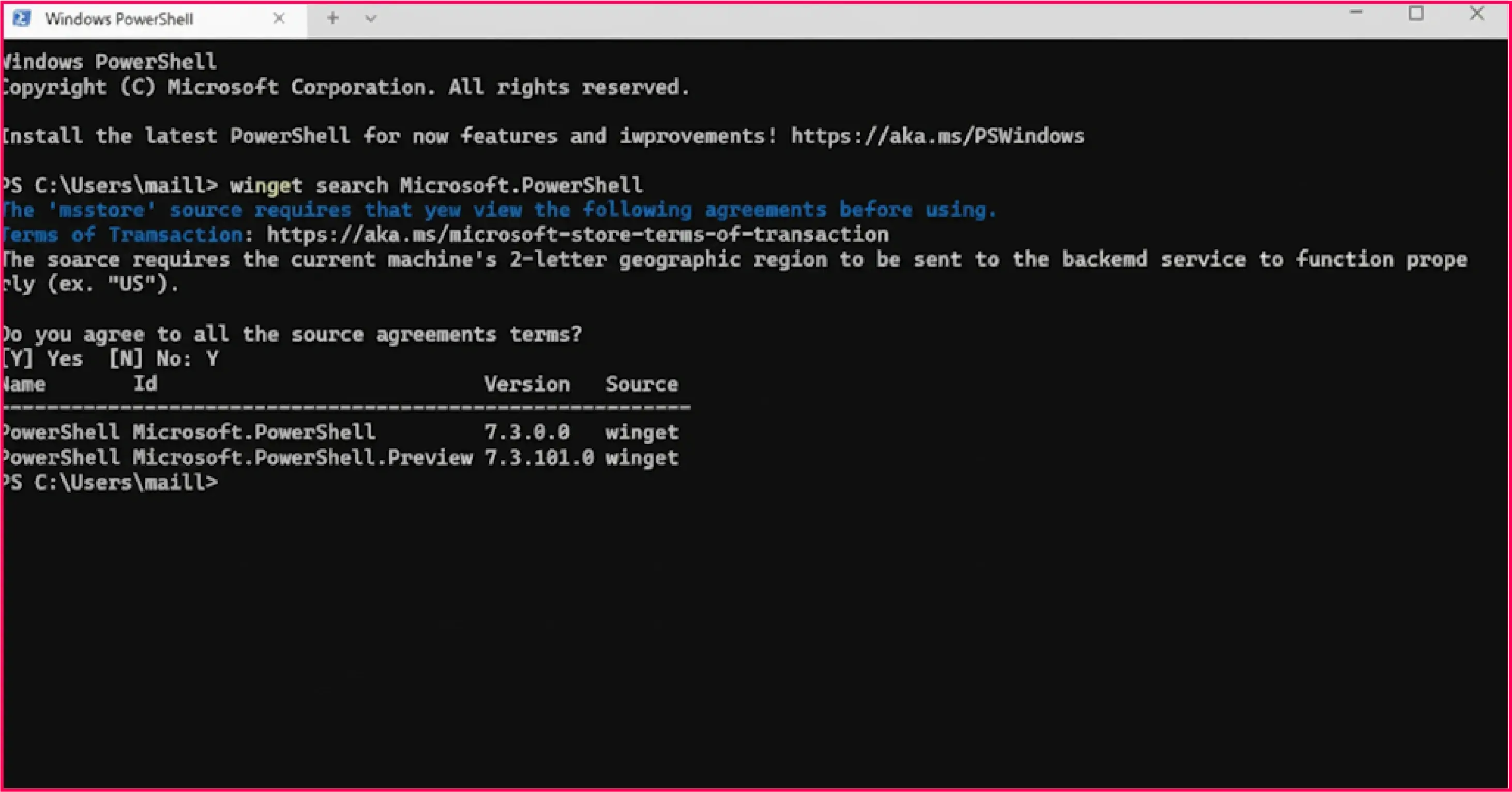 PowerShell terminal showing Winget installation command