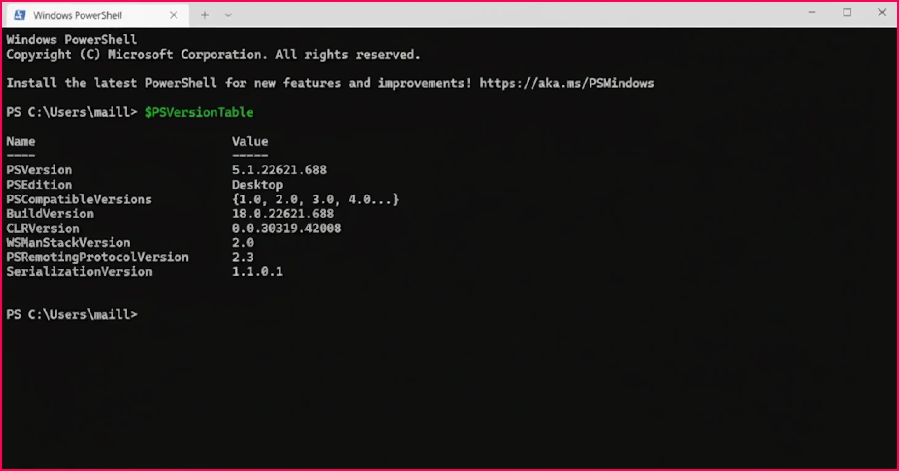 Check PowerShell version using the $PSVersionTable command