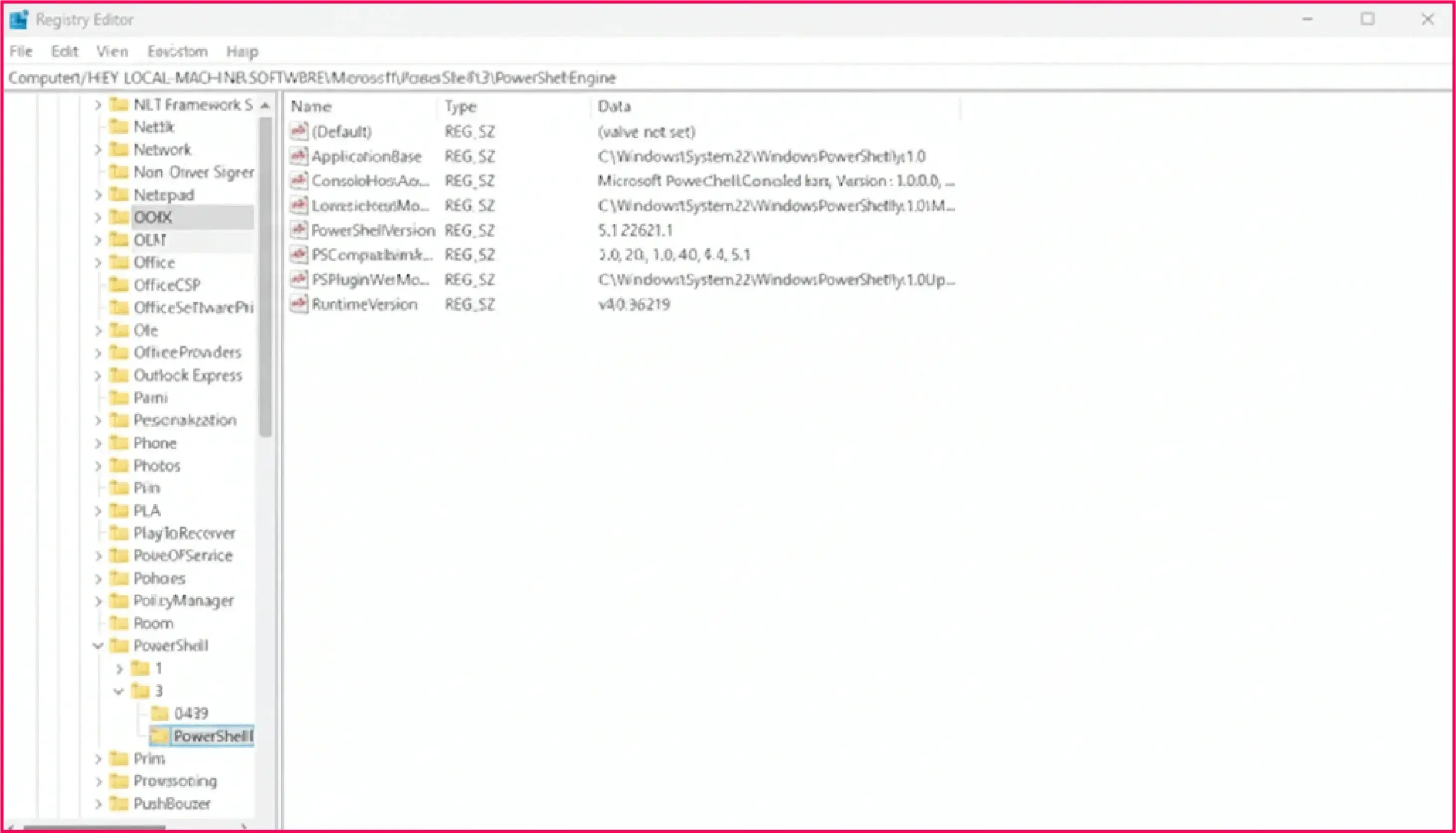 Windows Registry showing installed PowerShell version details