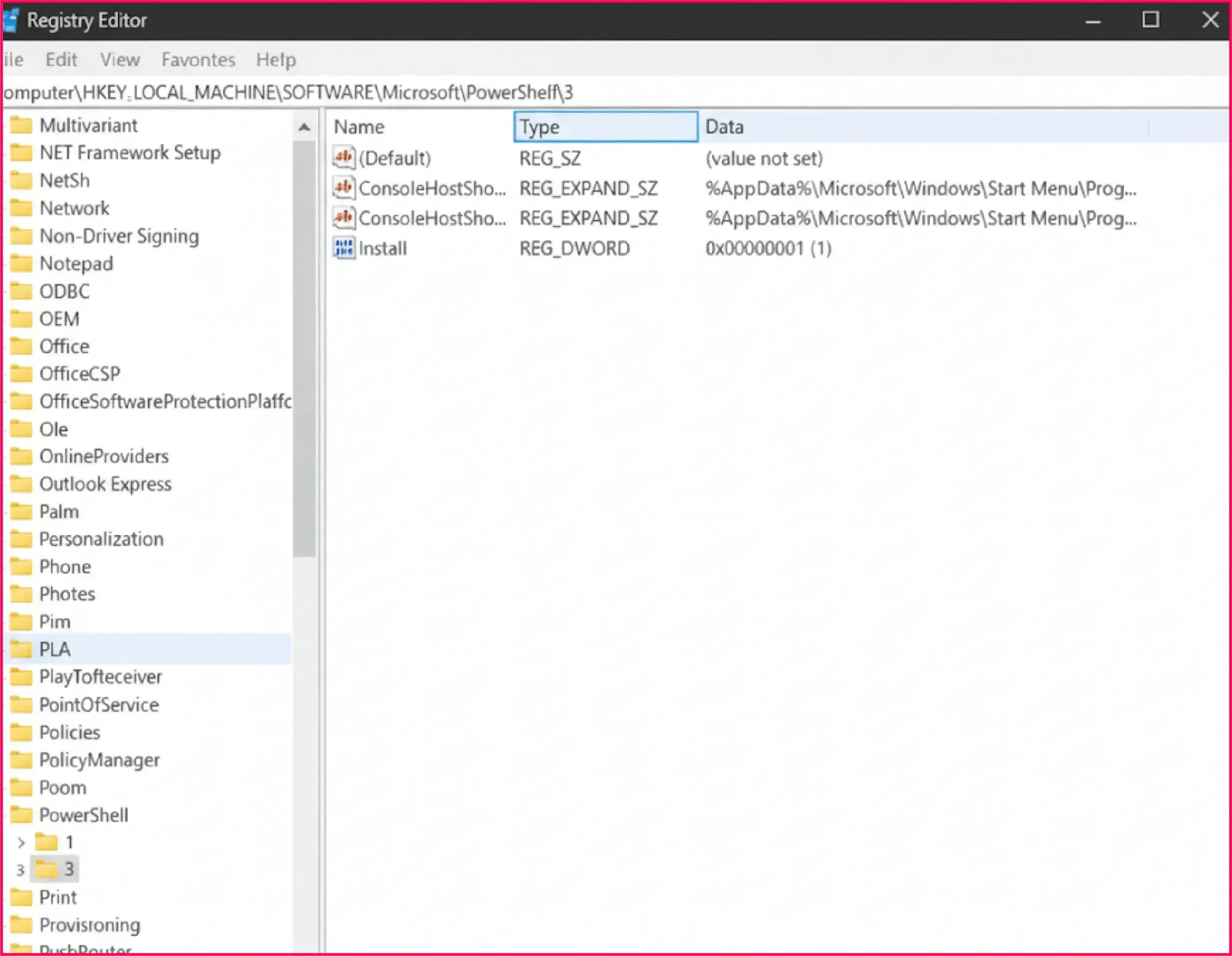 Registry Editor showing Microsoft PowerShell registry entries