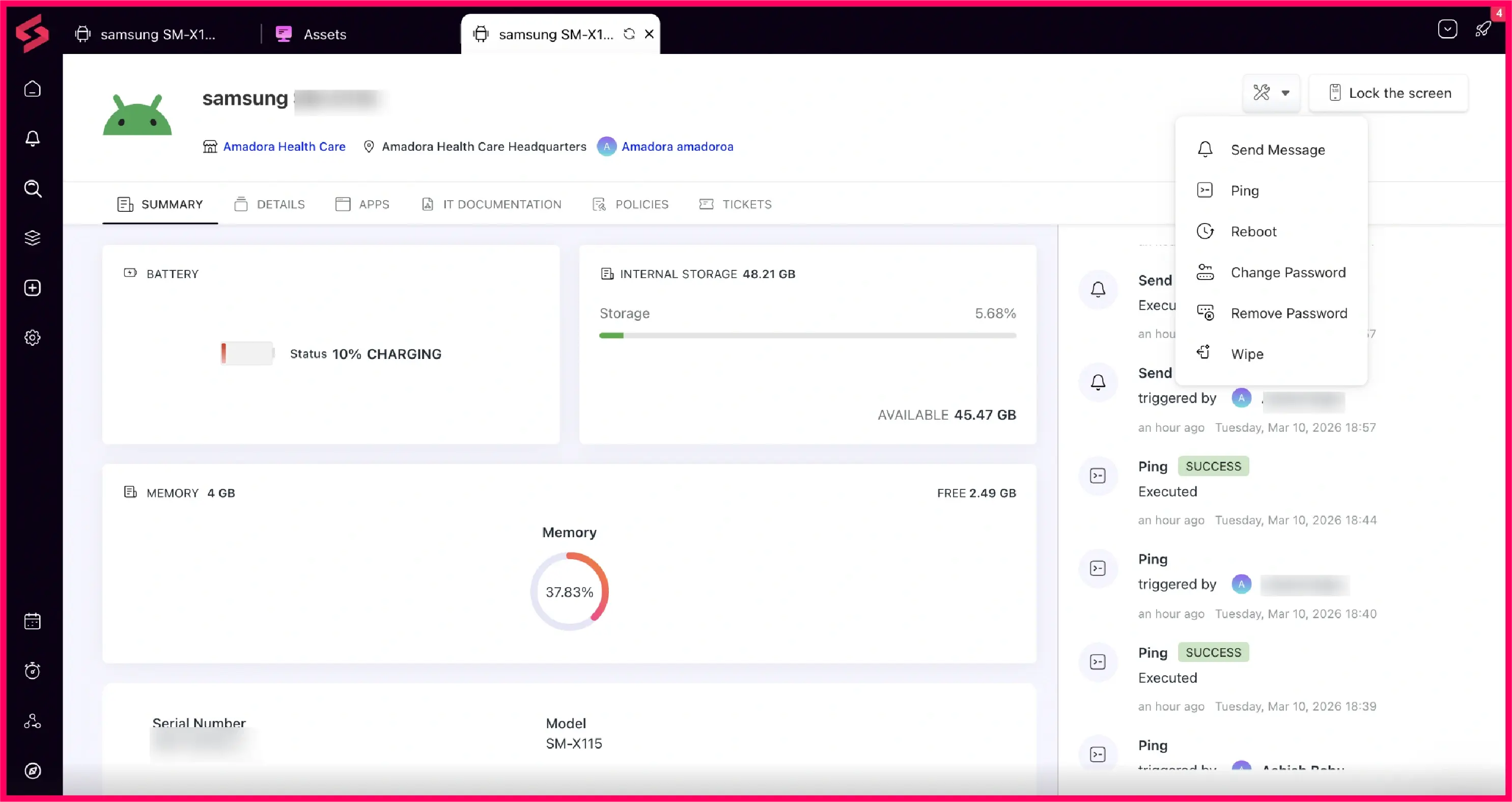 Interface for performing remote actions