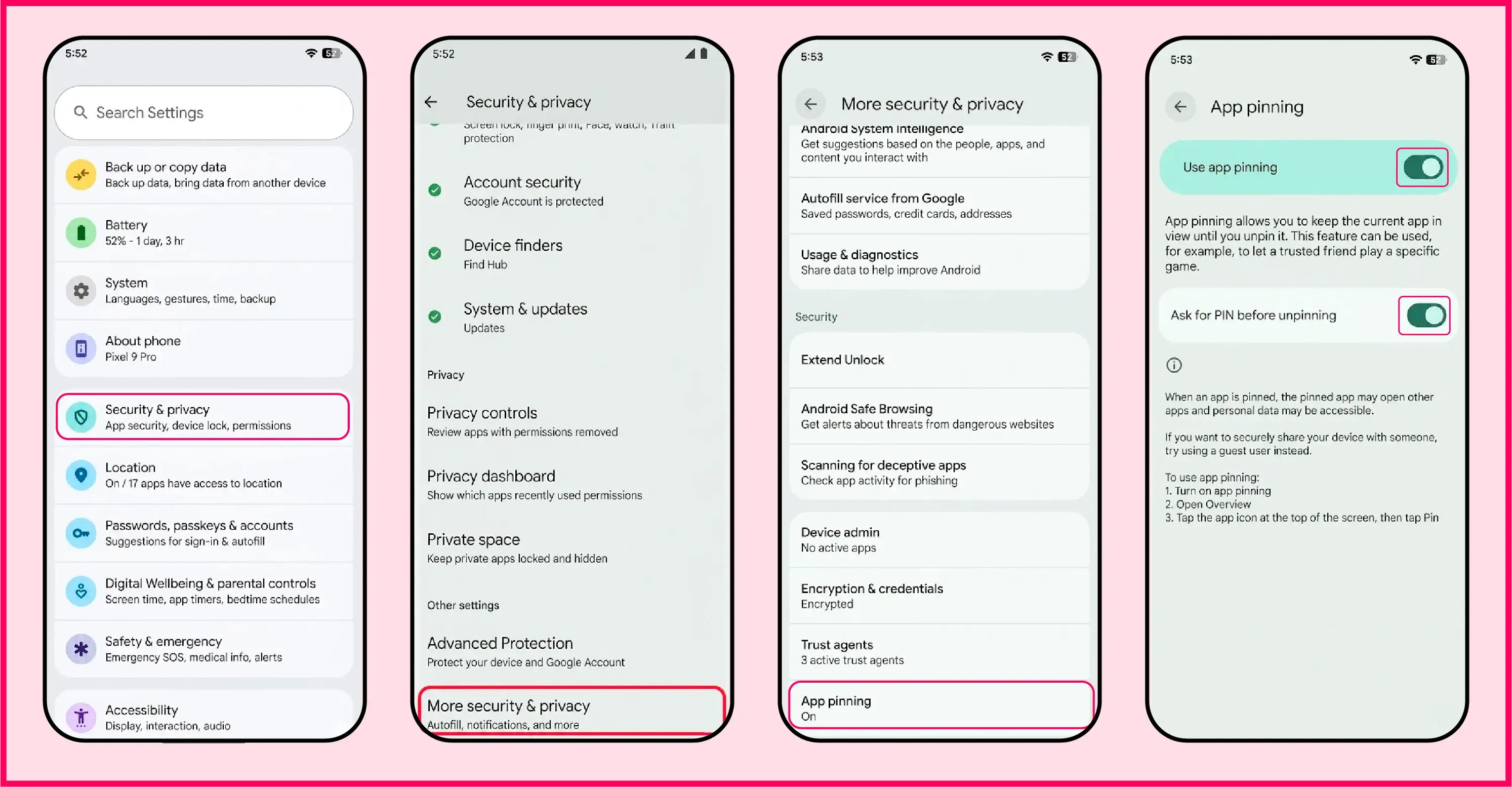 Enabling app pinning in Settings