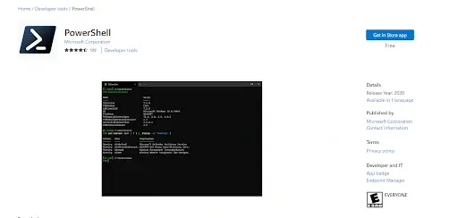 Microsoft Store listing for PowerShell app