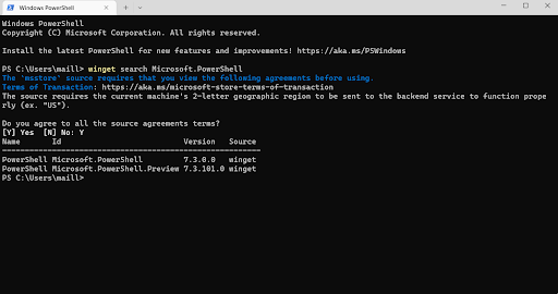 Installing PowerShell via winget in the terminal