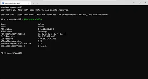 Check PowerShell version details using $PSVersionTable