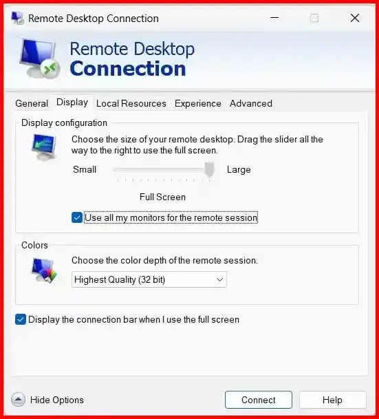 Remote Desktop Connection Display settings tab where you select ‘Use all my monitors for remote session