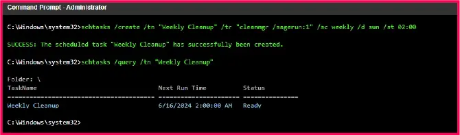 CMD terminal displaying the successful creation and status of a scheduled system maintenance task