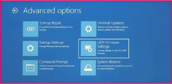 Windows advanced options menu highlighting UEFI firmware settings.