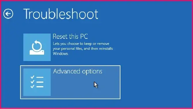 Windows troubleshoot menu highlighting the advanced