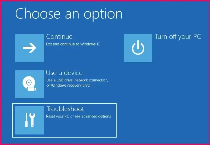 Windows startup menu highlighting the troubleshoot button 