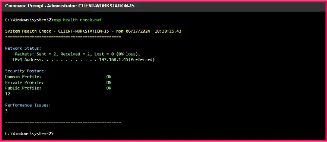 CMD terminal showing comprehensive system audit script output with system information, updates, network config, and firewall status