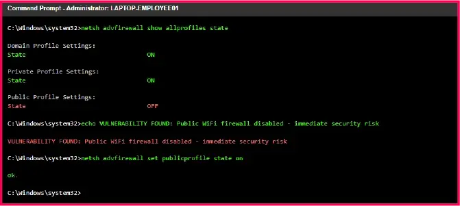 CMD terminal displaying netsh advfirewall command showing firewall status across network profiles with vulnerability detection