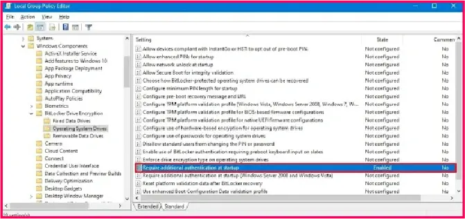 Windows Group Policy Editor highlighting the Require additional authentication at startup setting for drive encryption