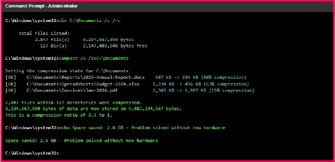 CMD terminal displaying directory compression results, showing file size reductions and total disk space saved
