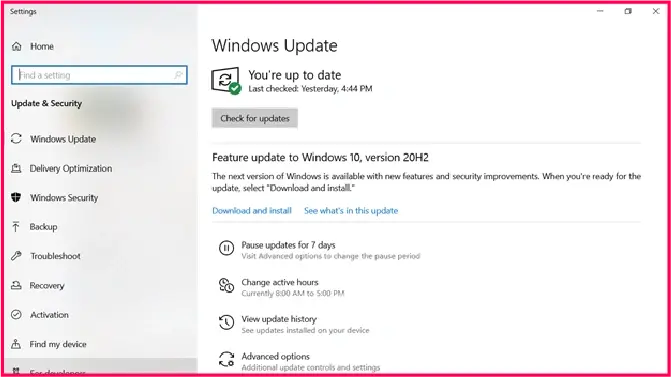 Windows Update settings showing how to update your pc driver by checking for available system updates