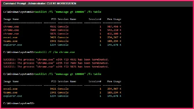 CMD terminal displaying tasklist command showing resource-heavy processes and Chrome termination for performance optimization